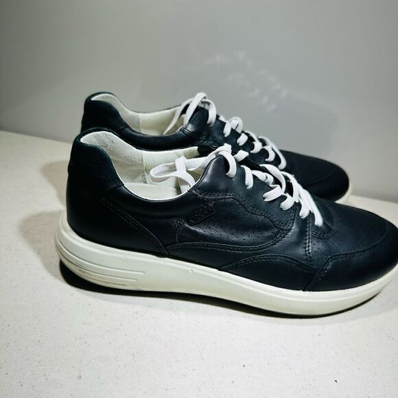 ECCO WOMENS SIZE 8 SOFT 7 BLACK LEATHER LACE UP SNEAKERS SHOES - Picture 6 of 9